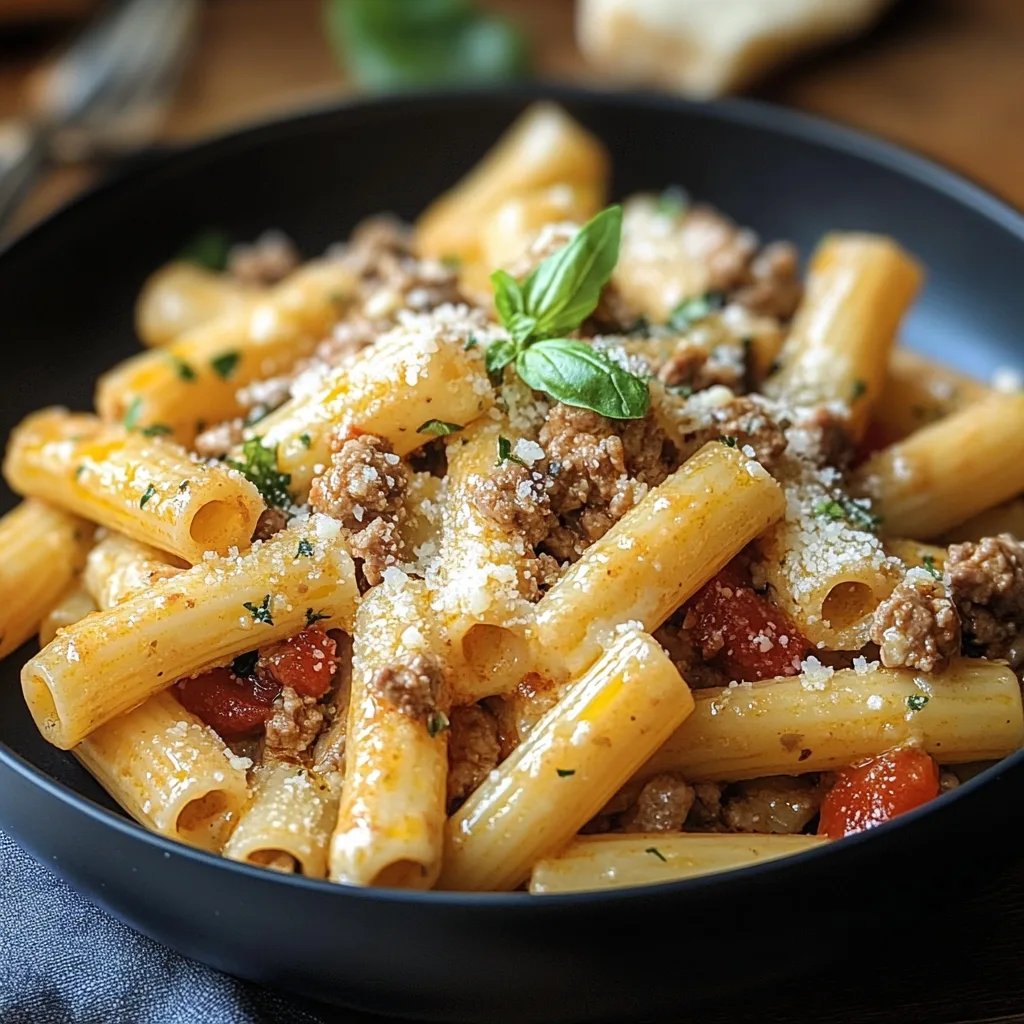 Rigatoni in Hackfleisch-Feta-Sahnesauce