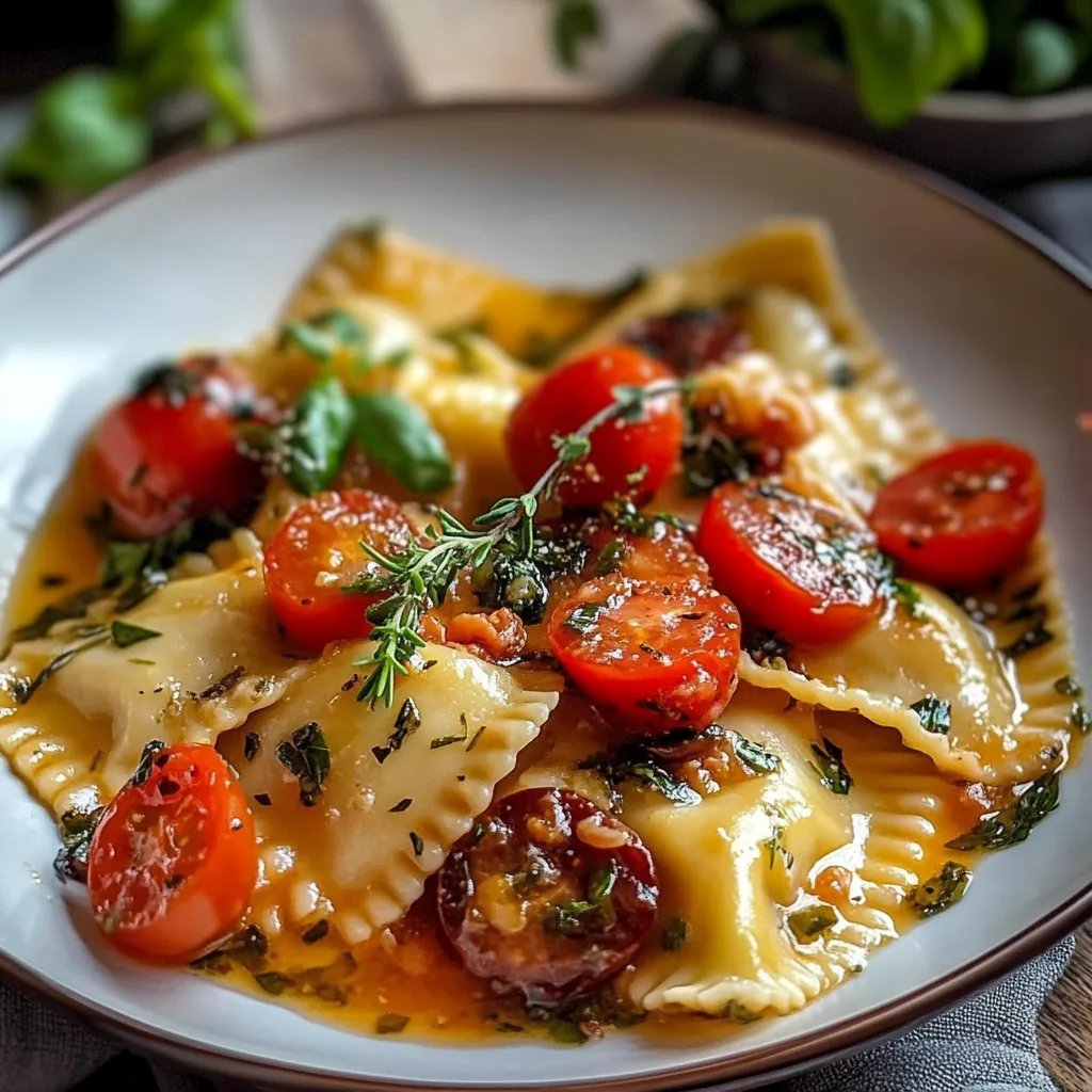 Ravioli mit Tomaten, Spargel, Knoblauch und Kräutern